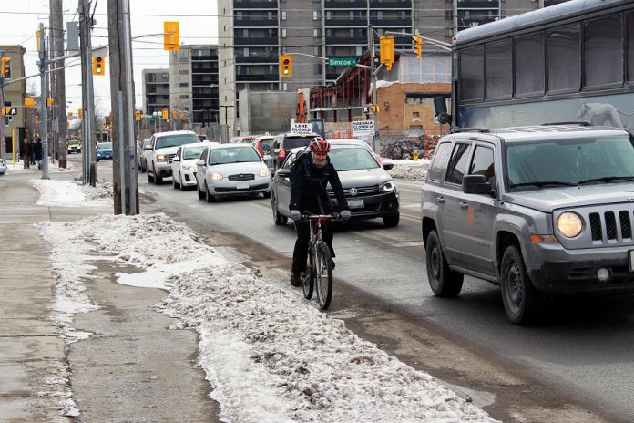 Winter weather gets us thinking about road safety again. There are many behaviours we adopt to keep each other safe on the streets, but there are also ways that road design can keep us safe, and it turns out that the safety benefits of adding bike infrastructure are better for all road users. (Photo: GreenUP)