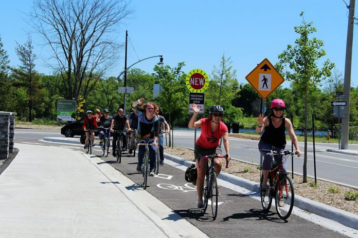 The City of Peterborough's first protected bike lane was completed in 2018 on Sherbrooke Street. A protected, or separated, bike lane is one that incorporates a physical barrier between itself and the other travel lanes.  (Photo: GreenUP)