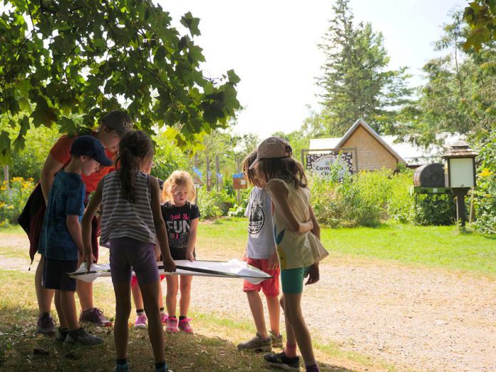 Participants in the Earth Adventures summer camp study insects that live in the tree canopy at GreenUP Ecology Park. Visible in the background are the new children's education shelter and open-air classroom that were completed in 2018 thanks to generous community donations. (Photo courtesy of GreenUP)