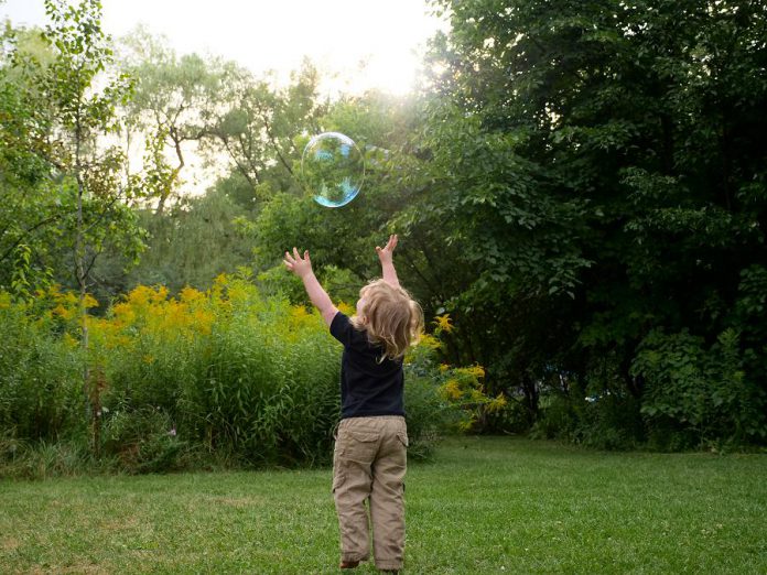 A child chases a soap bubble during Family Night at GreenUP's Ecology Park. Every year, the park immerses thousands of visitors in pollinator habitats and demonstration gardens, complemented by excellent educational programming for children and adults. Donations to Ecology Park will allow GreenUP to make the park even more accessible to visitors.  (Photo courtesy of GreenUP)