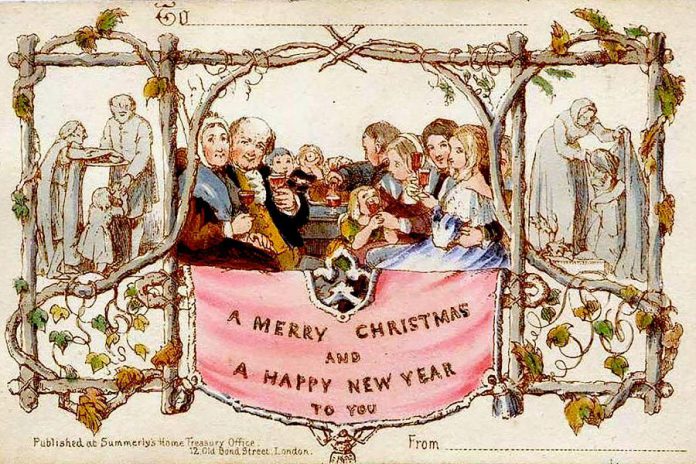 The first commercial Christmas card was sold in Britain in 1843, after civil servant Sir Henry Cole decided he was too busy to write individual Christmas greetings and asked artist John Callcott Horsley to design a card he could fill out. The idea caught on, and mass-produced greeting cards soon replaced hand-written greetings in most of Europe and North America. Today, despite the ubiquity of the internet, the greeting card industry still produces seven billion physical cards each year with annual sales of $7.5 billion. It is estimated that producing and sending all these cards generates as many as 1.1 million tons of carbon dioxide. (Public domain photo)