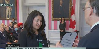 Peterborough-Kawartha MP Maryam Monsef prepares to take the oath of office as the Minister for Women and Gender Equality and Rural Economic Development at Rideau Hall in Ottawa on November 20, 2019. (Photo: CPAC)