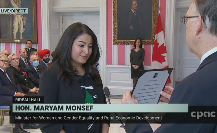 Peterborough-Kawartha MP Maryam Monsef prepares to take the oath of office as the Minister for Women and Gender Equality and Rural Economic Development at Rideau Hall in Ottawa on November 20, 2019. (Photo: CPAC)