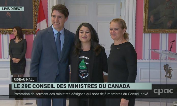 Prime Minister Justin Trudeau and Governor General Julie Payette with Peterborough-Kawartha MP Maryam Monsef after she was sworn in as the Minister for Women and Gender Equality and Rural Economic Development at Rideau Hall in Ottawa on November 20, 2019. (Photo: CPAC)