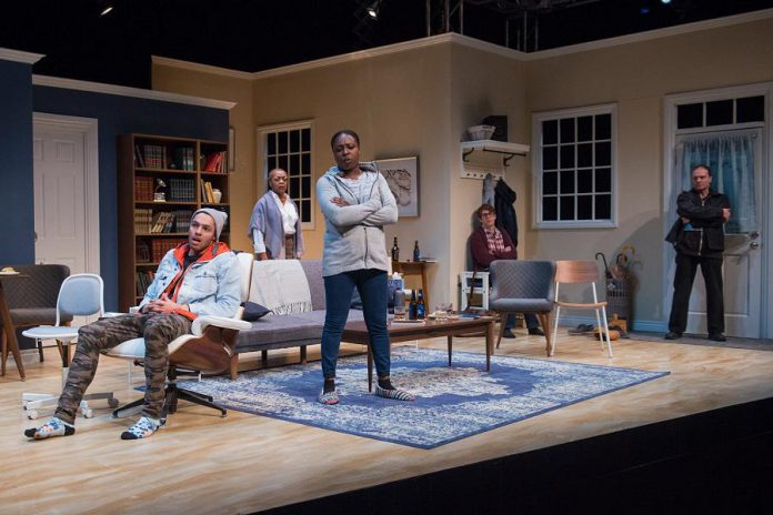 Khadijah Roberts-Abdullah (centre) and Richard Zeppieri (far right) performing as Lila Hines and Tony Cappello in the original 2018 Factory Theatre production of "Bang Bang" by Kat Sandler. The two actors reprise their roles in the New Stages' staged reading of the play at the Market Hall Performing Arts Centre on November 10, 2019, joined by Andrew Chown as Tim Bernbaum, Tarick Glancy as Jackie Savage, and Ordena Stephens-Thompson as Karen Hines.  (Photo: Joseph Michael Photography)