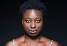 Toronto-based Afro-Caribbean actor Khadijah Roberts-Abdulla reprises her lead role in the original 2018 Factory Theatre production of Kat Sandler's critically acclaimed play "Bang Bang" during a staged reading presented by New Stages Theatre Company at Market Hall Performing Arts in downtown Peterborough on November 10, 2019. She performs as Lila Hines, a former police officer who shot an unarmed black man and becomes the unwilling subject of a hit play that plays fast and loose with the actual facts. (Publicity photo)