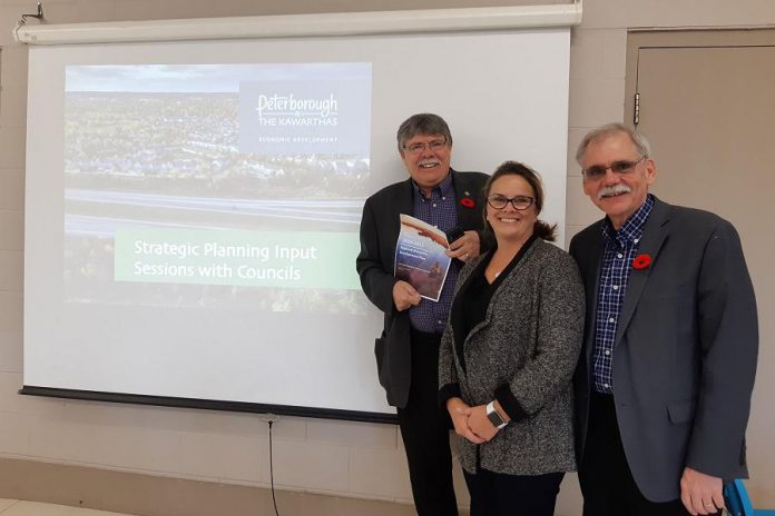 Peterborough County Warden J. Murray Jones (left), PKED President and CEO Rhonda Keenan (centre), and Peterborough County Deputy Warden Andy Mitchell (right) met during one of the PKED Strategic Plan Input Sessions at the Douro Community Centre on Friday, November 1st. (Photo: Andy Mitchell / Twitter)