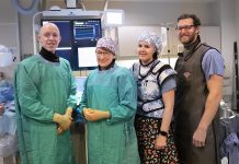 Interventional Cardiologist Dr. Warren Ball (left) and members of the Cardiac Catheterization Lab team (Terri Matzke, Kate Graham, and Jeff Dunlop) at Peterborough Regional Health Centre (PRHC) thank donors for their continued generous support of the Cath Lab. This holiday season, the PRHC Foundation is asking people to help "keep your heart here" by making a donation in support of the Cath Lab to replace and upgrade life-saving equipment. (Photo courtesy of PRHC Foundation)