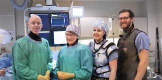 Interventional Cardiologist Dr. Warren Ball (left) and members of the Cardiac Catheterization Lab team (Terri Matzke, Kate Graham, and Jeff Dunlop) at Peterborough Regional Health Centre (PRHC) thank donors for their continued generous support of the Cath Lab. This holiday season, the PRHC Foundation is asking people to help "keep your heart here" by making a donation in support of the Cath Lab to replace and upgrade life-saving equipment. (Photo courtesy of PRHC Foundation)