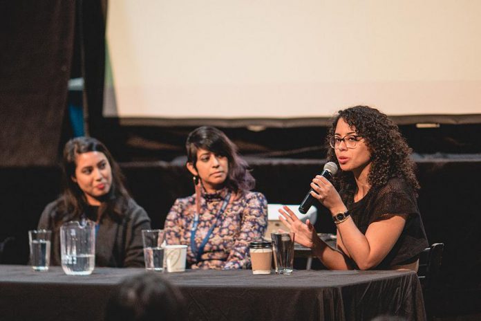 Filmmakers Chrisann Hessing (left), Maya Bastian (centre), and Maya Annik Bedward (right) examined the risks in sharing personal stories through film in the panel discussion "Who Gets to Share My Story?" at The Venue in downtown Peterborough during the 2019 ReFrame Film Festival.  (Photo: Bryan Reid)