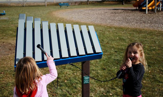 The Yantzee outdoor xylophone consists of two-and-a-half inch aluminum bars resonated by three-inch diameter tubes ranging from one foot to two-and-a-half feet long. (Photo:  Freenotes Harmony Park)