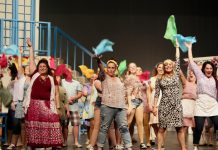 Lyndele Gauci as Rosie, Natalie Dorsett as Donna, and Christie Freeman as Tanya with the cast of "Mamma Mia!" as they perform ABBA's 'Dancing Queen' in the St. James Players production of the hit musical, which runs from November 8 to 16, 2019 at Showplace Performance Centre in downtown Peterborough. (Photo: Wendy Morgan)