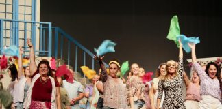 Lyndele Gauci as Rosie, Natalie Dorsett as Donna, and Christie Freeman as Tanya with the cast of "Mamma Mia!" as they perform ABBA's 'Dancing Queen' in the St. James Players production of the hit musical, which runs from November 8 to 16, 2019 at Showplace Performance Centre in downtown Peterborough. (Photo: Wendy Morgan)