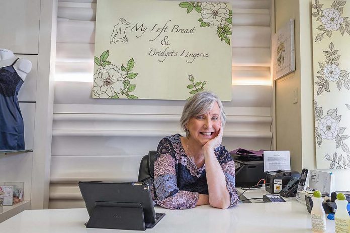 My Left Breast owner Bridget Leslie at her boutique, located in the Charlotte Mews at 203 Simcoe Street #3 in downtown Peterborough. After being diagnosed with breast cancer at 44 and undergoing active treatment for 18 months, Bridget decided she wouldn't let the disease derail her life. In 2008, she opened My Left Breast to help women gain back their confidence from a breast cancer diagnosis to treatment and beyond with prosthesis- and mastectomy-friendly lingerie and wig fittings. (Photo: Heather Doughty)