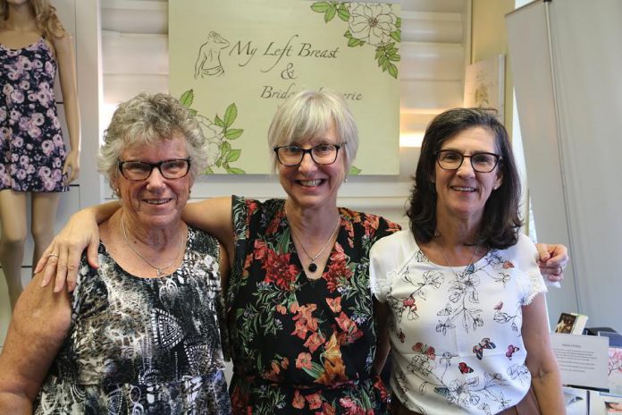 Marlene Jenkins (left) and Peggy Flanagan Quirion (right) are also on staff at My Left Breast as certified breast prosthesis and bra fitters. Along with owner Bridget Leslie (middle), Marlene and Peggy are members of Peterborough's Survivors' Abreast Dragon Boat team, which hosts Peterborough's Dragon Boat Festival, an annual fundraiser for breast cancer treatment at the Peterborough Regional Health Centre. (Supplied photo)