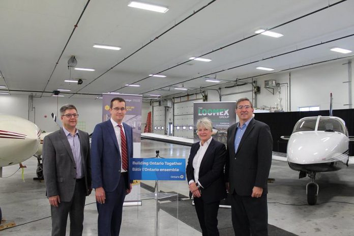  The Ontario government has announced an investment of more than $1.5 million over two years to create 100 local training and career opportunities for incumbent workers and job seekers in the aviation and aerospace sector in Peterborough, Kawartha Lakes, and Northumberland. Pictured at the December 6, 2019 announcement at Peterborough Airport are The Loomex group president and CEO Trent Gervais, Ontario minister of labour, training and skills development Monte McNaughton, Fleming College president Maureen Adamson, and Peterborough-Kawartha MPP Dave Smith. (Photo: Ministry of Labour, Training and Skills Development)