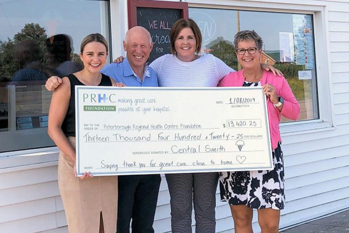 Central Smith Creamery owner Ian Scates (second from left) and vice-president/marketing Jenn Scates (right) present a cheque for $13,420.25 to Jane Lovett (left) and Lesley Heighway (second from right) of PRHC Foundation on August 1, 2019 at the dairy's location at 739 Lindsay Road in Peterborough. The Scates raised the funds during an ice cream social in the summer. (Photo courtesy of PRHC Foundation)