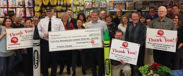 Crayola Canada employees present a cheque for $45,132 to the United Way for the City of Kawartha Lakes on November 27, 2019, representing proceeds raised at the 31st annual Crayola Sale. (Supplied photo)