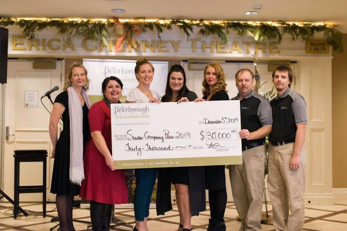 The entrepreneurs behind six new businesses launched at the Starter Company Plus Showcase on December 5, 2019 at Showplace Performance Centre each received a $5,000 grant to support growth in their business. From left to right: Madeleine Hurrell (Peterborough & the Kawarthas Business Advisory Centre), Sonja Martin (Rooted Lavender), Nicole Cooke (Organized by Design), Katelin Turcotte (Wilde Beauty), Kristin Cole (Kawartha Complete Care), Anna Perry (Your Second Family), and Brett Pritchard and Brian Pritchard (B & B Game Designs). Applications for the next intake of Starter Company Plus open on January 1, 2020. (Photo: Alyssa Cymbalista)