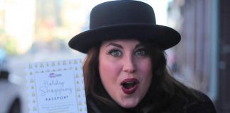 Peterborough musician Lindsay Barr encouraging people to choose local in a promotional video for the Peterborough Downtown Business Improvement Area (DBIA) annual Holiday Shopping Passport program, which rewards people when they shop, dine, or treat themselves in downtown Peterborough. Every time you spend $10 at one of more than 150 participating locations, you get a stamp on your passport. Completed passports with 20 stamps are entered into one of three early bird draws for $500 in downtown money during December, with a grand prize draw for $1,500 in January. (Photo courtesy of Peterborough DBIA)