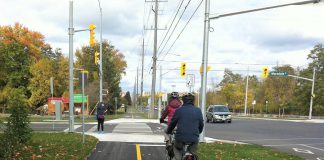Cyclists use the bike and walking trail near Beavermead Park at Ashburnham Road in Peterborough. A shift towards using a bike for daily trips around town can work to decrease your personal greenhouse gas emissions, and how a shift towards creating an even more bike-friendly Peterborough can help our region move towards its emission targets for 2030 and 2050. (Photo courtesy of GreenUP)
