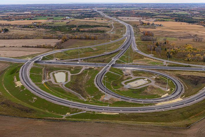 The new interchange between Highway 407 and Highway 35/115 opened to drivers beginning December 9, 2019, ahead of schedule. (Photo: Blackbird Infrastructure Group)