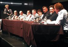 Kim Dolan (far left) is the new executive director of YWCA Peterborough Haliburton effective February 3, 2020. Dolan, who has been executive director at PARN for the past 13 years, is pictured here moderating the panel at the Peterborough Opioid Summit on July 11, 2019 at Market Hall Performance Centre in downtown Peterborough. (Photo: Paul Rellinger / kawarthaNOW.com)