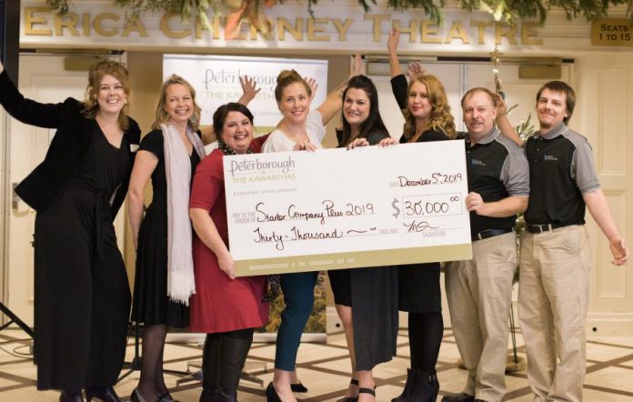 The entrepreneurs behind six new businesses launched at the December 2019 edition of the Starter Company Plus Showcase each received a $5,000 grant to support growth in their business. From left to right: Madeleine Hurrell (PKED), Sonja Martin (Rooted Lavender), Nicole Cooke (Organized by Design), Katelin Turcotte (Wilde Beauty), Kristin Cole (Kawartha Complete Care), Anna Perry (Your Second Family), and Brett Pritchard and Brian Pritchard (B & B Game Designs). Over 50 guests attended the showcase at Showplace Performance Centre on Thursday, December 5th. (Photo: Alyssa Cymbalista)