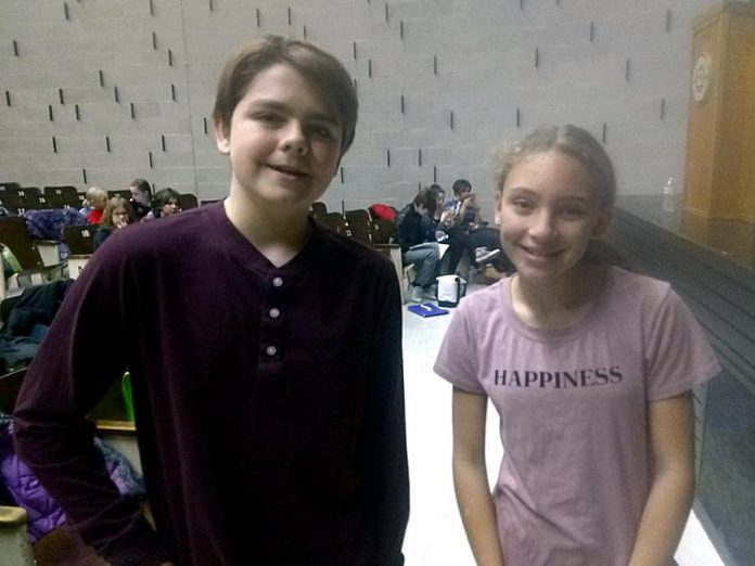 Max Hoehn and Eloise Harvey, who star as Tree and Red in Arbor Theatre's original production "Real Rad Red Riding Hood", during a rehearsal in early December at Adam Scott Collegiate Vocational Institute. There will be a public performance of the play  on December 12, 2019 at Showplace Performance Centre in downtown Peterborough. (Photo: Sam Tweedle / kawarthaNOW.com)