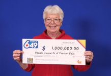 Fenelon Falls resident Renate Hauswirth picking up her $1 million cheque at the OLG Prize Centre in Toronto. The 76-year-old retiree won the prize in the December 14th Lotto 6/49 draw. (Supplied photo)