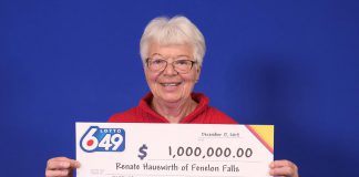 Fenelon Falls resident Renate Hauswirth picking up her $1 million cheque at the OLG Prize Centre in Toronto. The 76-year-old retiree won the prize in the December 14th Lotto 6/49 draw. (Supplied photo)