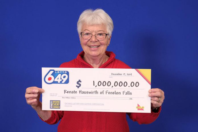 Fenelon Falls resident Renate Hauswirth picking up her $1 million cheque at the OLG Prize Centre in Toronto. The 76-year-old retiree won the prize in the December 14th Lotto 6/49 draw. (Supplied photo)
