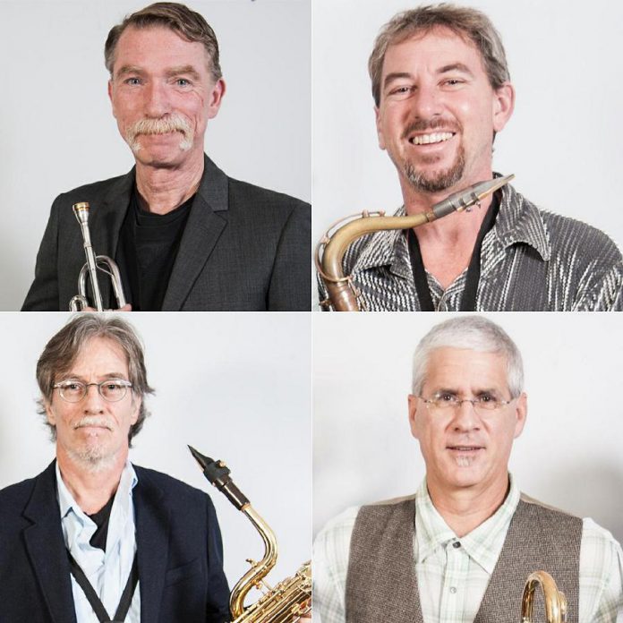 The Rocket Revue horn section (clockwise from top left): Greg Weichel on trumpet, Jim Usher on tenor saxophone, Steve McCracken on tenor/baritone saxophone, and Rob Roy on trombone.  (Photos: The Rocket Revue) 