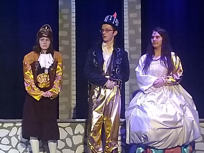  Annika Goeckel as Cogsworth the Clock, Adam Airhart as Lumiere the Candelabra, and Lena Ross as  Mrs. Potts the Teapot in the Thomas A. Stewart Secondary School production of "Beauty and The Beast - The Broadway Musical". (Photo: Sam Tweedle / kawarthaNOW.com)