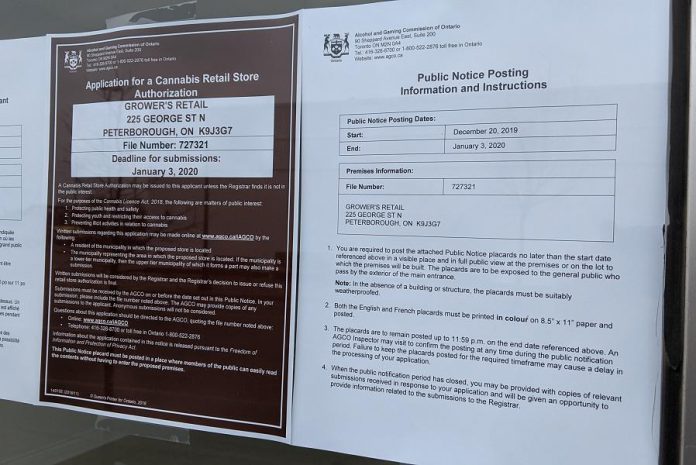  The Alcohol and Gaming Commission of Ontario is currently reviewing an application from Huge Shops Ontario to open a "Grower's Retail" cannabis retail store at 225 George Street North in downtown Peterborough. A notice was posted in the window of the proposed store on December 20, 2019. (Photo: Bruce Head / kawarthaNOW.com)