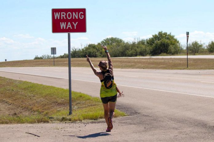 Monarch Ultra co-founder and long-distance runner Carlotta James, running along the I-35 highway in Texas. She ran seven legs totalling more than 450 kilometres of the  4,300-kilometre relay run. (Photo: Rodney Fuentes)