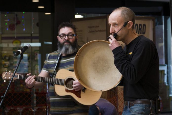 Musicians Phil Stephenson (left) and Glen Caradus are bringing their interactive Plugging Into Nature puppet show back to this year's Family Literacy Day on January 25, 2020 in Peterborough Square. (Photo courtesy of Peter Rellinger)