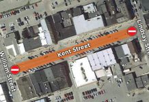 Kent Street West, between Lindsay Street and William Street in downtown Lindsay, will be closed as of January 22, 2020 for Enbridge's natural gas pipeline replacement work occurring along Kent Street over the next few weeks. (Map graphic: City of Kawartha Lakes)