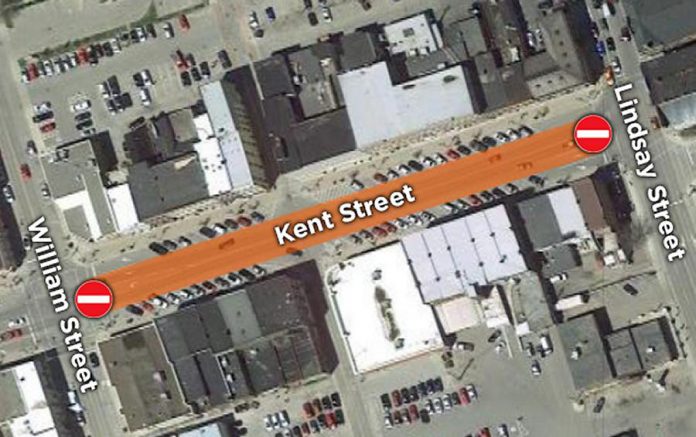 Kent Street West, between Lindsay Street and William Street in downtown Lindsay, will be closed as of January 22, 2020 for Enbridge's natural gas pipeline replacement work occurring along Kent Street over the next few weeks. (Map graphic: City of Kawartha Lakes)