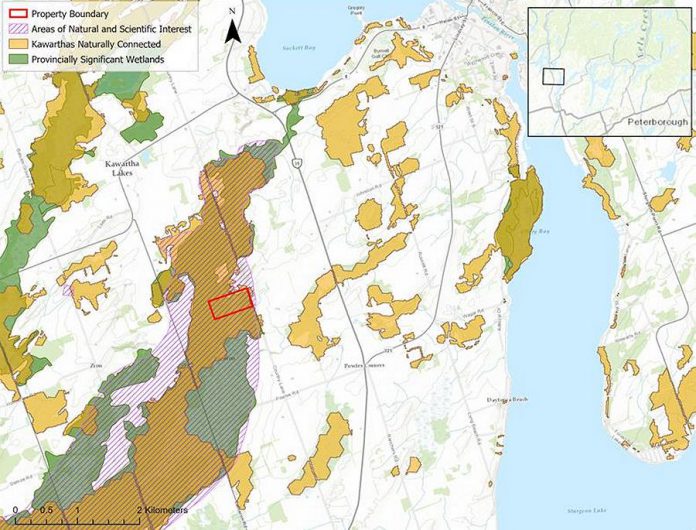 The newly protected Fell Wetland property, located southwest of Fenelon Falls, lies with a Area of Natural and Scientific Interest and the Kawarthas Naturally Connected Preferred Scenario, and contains a portion of a Provincially Significant Wetland. Due to the ecologically sensitive nature of the property, it is not open for public access. (Map courtesy of of Kawartha Land Trust)