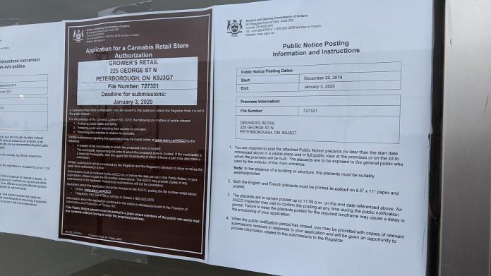 A cannabis retail store authorization application to the Alcohol and Gaming Commission of Ontario and a public notice was posted in the window of 225 George Street North in downtown Peterborough on December 20, 2019. (Photo: Bruce Head / kawarthaNOW.com)