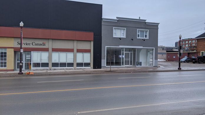 The proposed  new "Grower's Retail" retail cannabis store at 225 George Street North in downtown Peterborough is located beside the Service Canada location and across from Greg's No Frills.  (Photo: Bruce Head / kawarthaNOW.com)