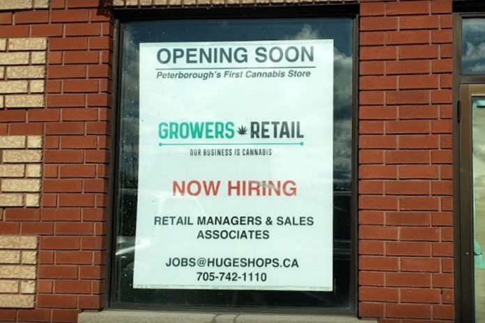 As of December 2019, this sign was still posted in the originally proposed store location of Huge Shops' "Grower's Retail" store at Fowlers Corners. Huge Shops has since applied to move the location of the store to downtown Peterborough. (Photo: Vincent Tam / Google)