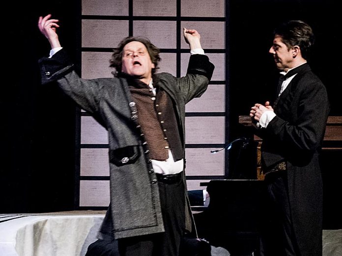 Beethoven (Christopher Spear) with his composer assistant Anton Schindler (Jason Shulha) in the Peterborough Theatre Guild's production of "33 Variations". The action in the play takes place both in Beethoven's time and the present, switching back and forth between the two. (Photo: Paul Macklin)