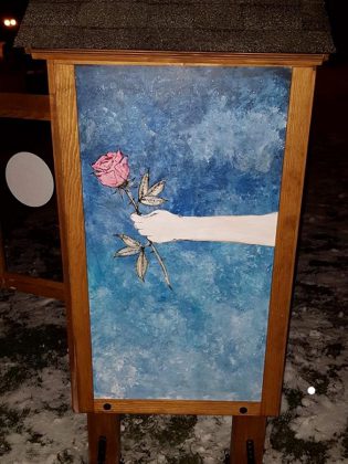 Artwork by Lee Higginson of Fuke Craft on a side panel of The Rose Project's personal care community cupboard in Port Hope. (Photo courtesy of Lee Higginson)