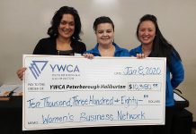 On January 8, 2020 at the Holiday Inn Peterborough-Waterfront, Women's Business Network of Peterborough president Grace Reynolds (right) and program director Danielle McIver (middle) present a cheque for $10,380 to Ria Nicholson of YWCA Peterborough Haliburton for the organization's Crossroads Shelter for local women and children fleeing violence. (Photo courtesy of Women's Business Network of Peterborough)