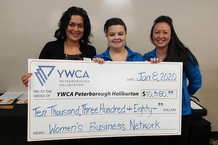 On January 8, 2020 at the Holiday Inn Peterborough-Waterfront, Women's Business Network of Peterborough president Grace Reynolds (right) and program director Danielle McIver (middle) present a cheque for $10,380 to Ria Nicholson of YWCA Peterborough Haliburton for the organization's Crossroads Shelter for local women and children fleeing violence. (Photo courtesy of Women's Business Network of Peterborough)