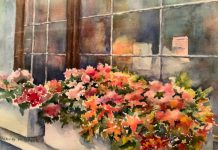 'Window Flowerbox' (watercolour, 15"x11") by Donrey McIntosh, one of eight watercolourists whose work will be shown and available for sale at the Watercolour8 show and sale at Singing Horse Gallery in Peterborough. The eight women are former students of Peterborough watercolourist Joan Zageris. The show opens on March 12, 2020 and runs until March 26th. (Photo courtesy of the artist)