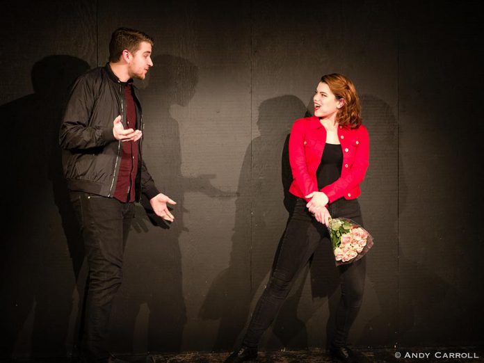 Shamus Merkley and Mads Ferris as Jeremy and Sarah in the Anne Shirley Theatre Company production of "Laugh Out Loud (Cry Softly)" at The Theatre on King in downtown Peterborough.  (Photo courtesy of Andy Carroll)