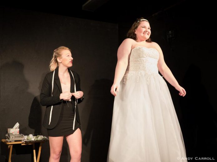 Jessica Ernest and Tara Worrall as Mimi and Jojo in the Anne Shirley Theatre Company production of "Laugh Out Loud (Cry Softly)" at The Theatre on King in downtown Peterborough.  (Photo courtesy of Andy Carroll)